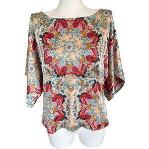 Anthropologie KAS New York Satin Floral Round Neck Kimono Sleeve Top Women's 4